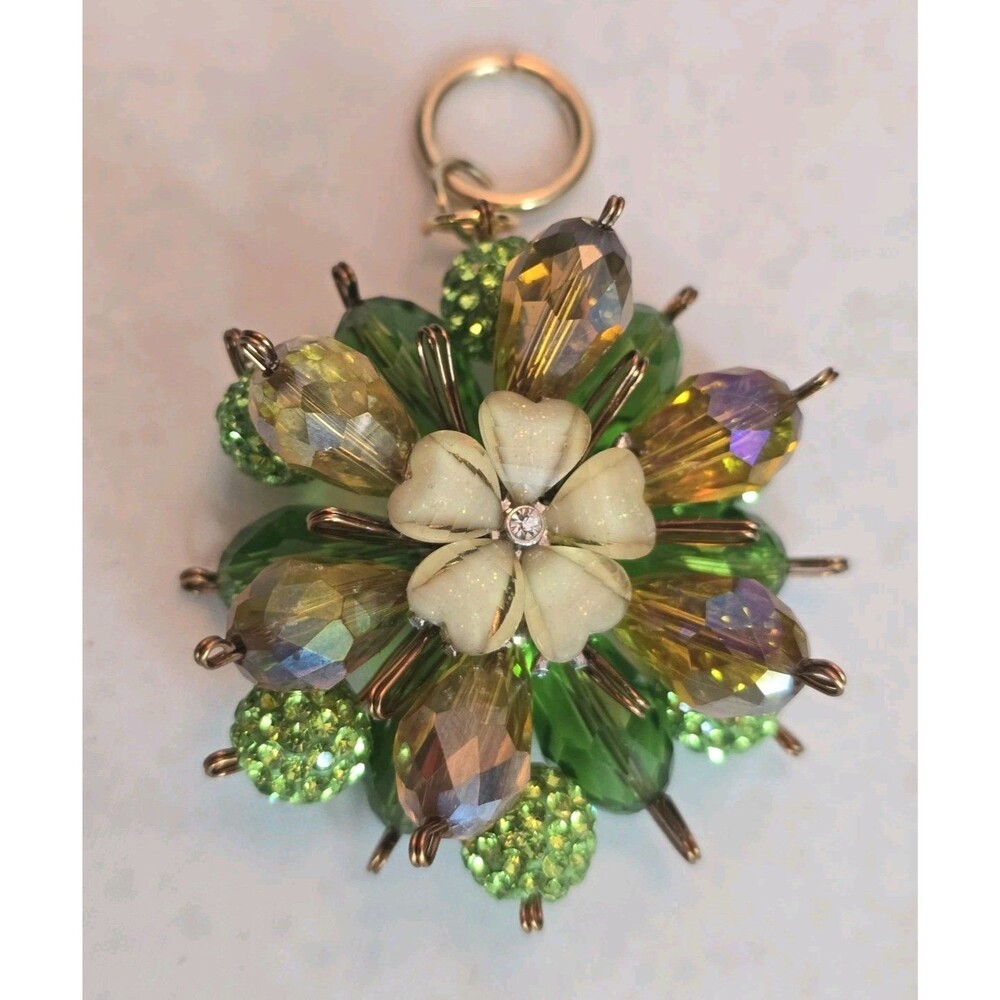 Green Crystal Floral Pendant Double Sided Statement Rhinestone Cluster Gold Tone